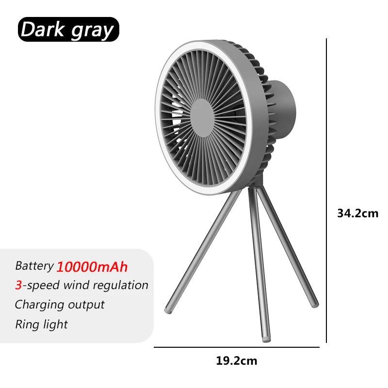 مروحة تخييم قابلة لإعادة الشحن بسعة 10000 مللي أمبير - مروحة سقف ومكتب مزودة بإضاءة LED ووظيفة بنك طاقة