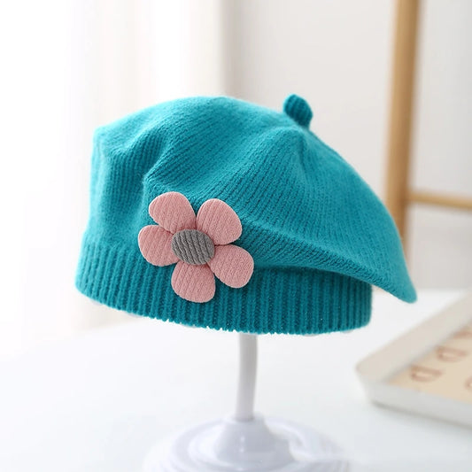 Flower Baby Beret Hat – Winter Warm Knitted Beanie Cap for Infant Girls