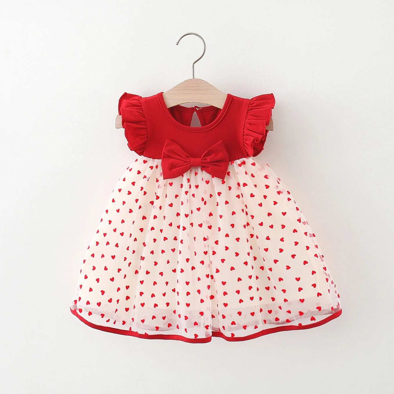 Baby Girl Red Dress with Heart Embroidery – Sweet Mesh Bow Tutu Dress for Birthday Party & Summer Wear