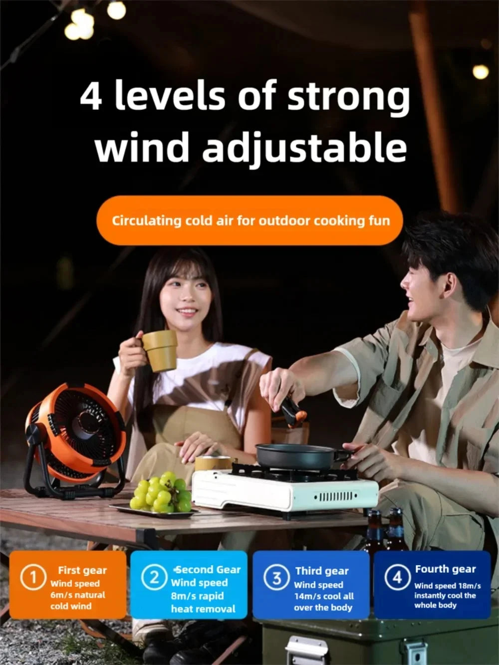 مروحة تخييم مزودة بإضاءة وبطارية شحن – مروحة سقف قابلة لإعادة الشحن مع إضاءة ليلية بثلاث سرعات