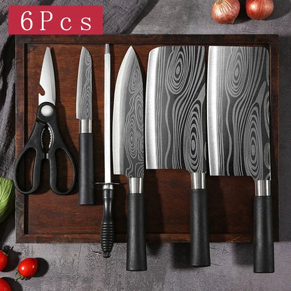 Laser Damascus Pattern Kitchen Knife & Scissors Set – Stainless Steel Utility Knives with Sharpening Rod for Precise Slicing