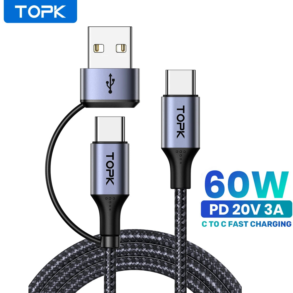 TOPK 60W PD Fast Charging USB C to USB Type-C Cable – Durable 2m PD Cable for MacBook Pro & Samsung