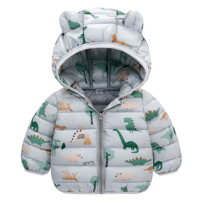 Children’s Lightweight Down Jacket with Hood – Boys Girls Autumn Dinosaur Print Coat