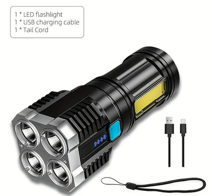 مصباح يدوي محمول قوي مزود بأربعة مصابيح LED وإضاءة جانبية COB، بأربعة أوضاع إضاءة، قابل لإعادة الشحن عبر منفذ USB، أداة تخييم، كشاف للأنشطة الخارجية 