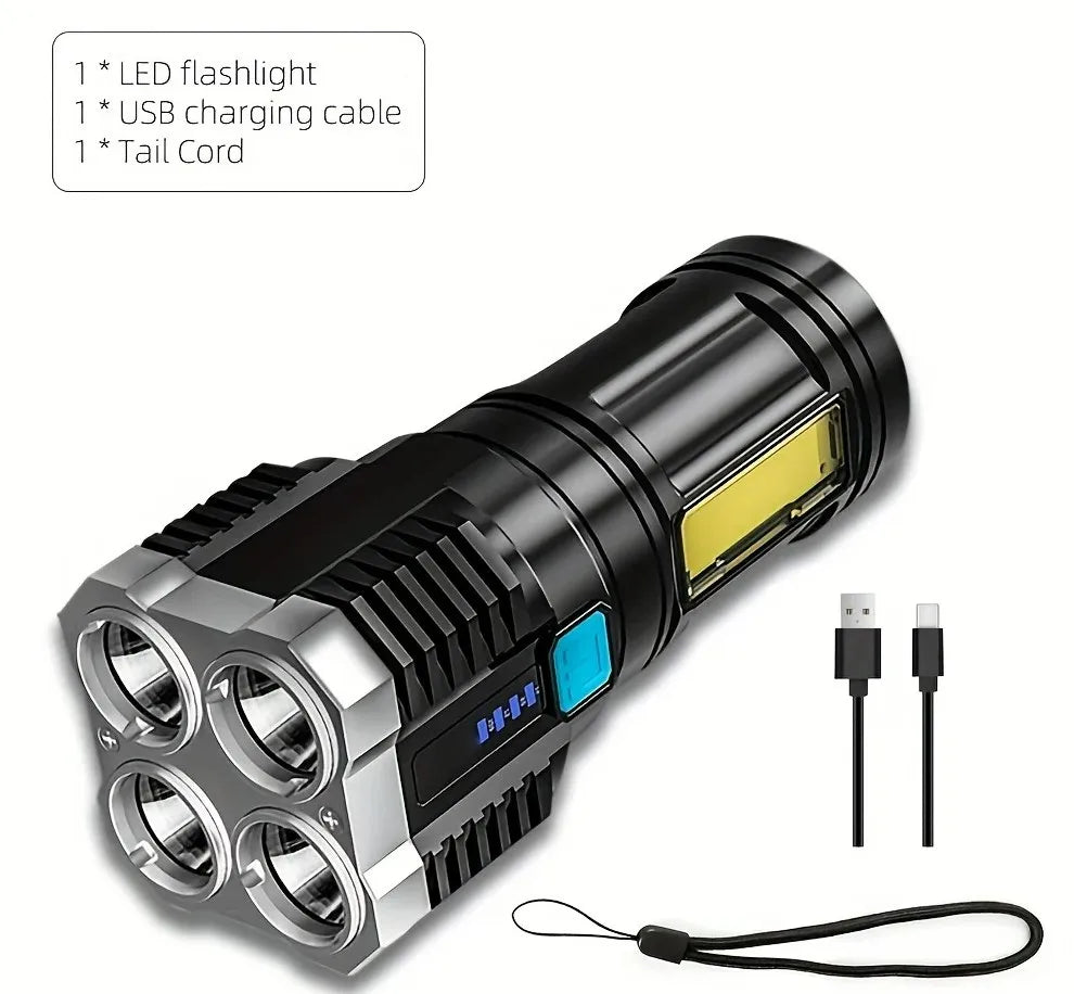 مصباح يدوي محمول قوي مزود بأربعة مصابيح LED وإضاءة جانبية COB، بأربعة أوضاع إضاءة، قابل لإعادة الشحن عبر منفذ USB، أداة تخييم، كشاف للأنشطة الخارجية 