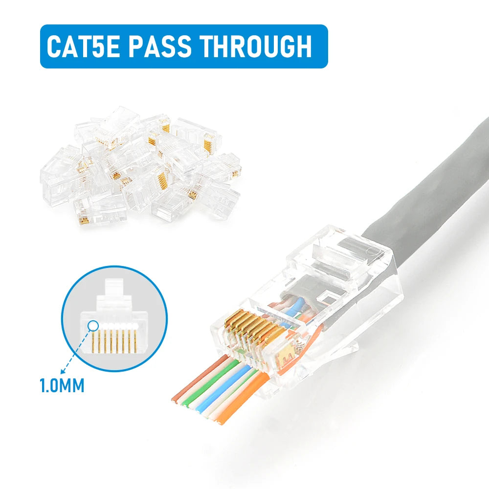10/20/30/50 قطعة من موصلات RJ45 Cat6/Cat5e ذات طرف كريستالي 8P8C قابلة للضغط، قابس معياري لشبكة إيثرنت UTP