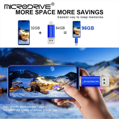 محرك أقراص فلاش USB من النوع C بتقنية OTG 2 في 1، يدعم USB 2.0 وMicro USB، متوفر بسعات 128 جيجابايت، 64 جيجابايت، 32 جيجابايت، 16 جيجابايت، 8 جيجابايت، و4 جيجابايت.