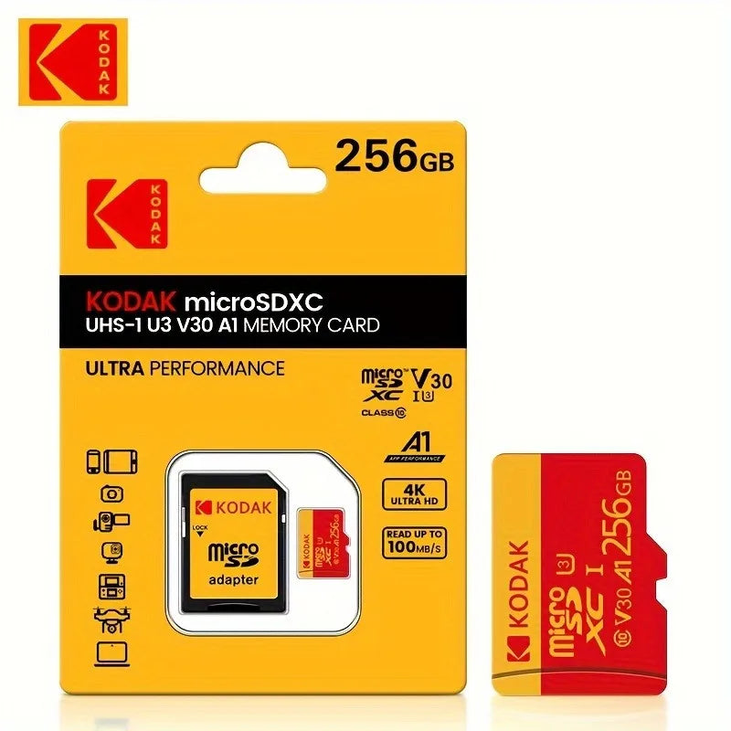 Kodak High-Speed Micro SD Card U3 Class 10 – Up to 100MB/s TF Memory Card with Adapter, Available in 32GB, 64GB, 128GB, 256GB