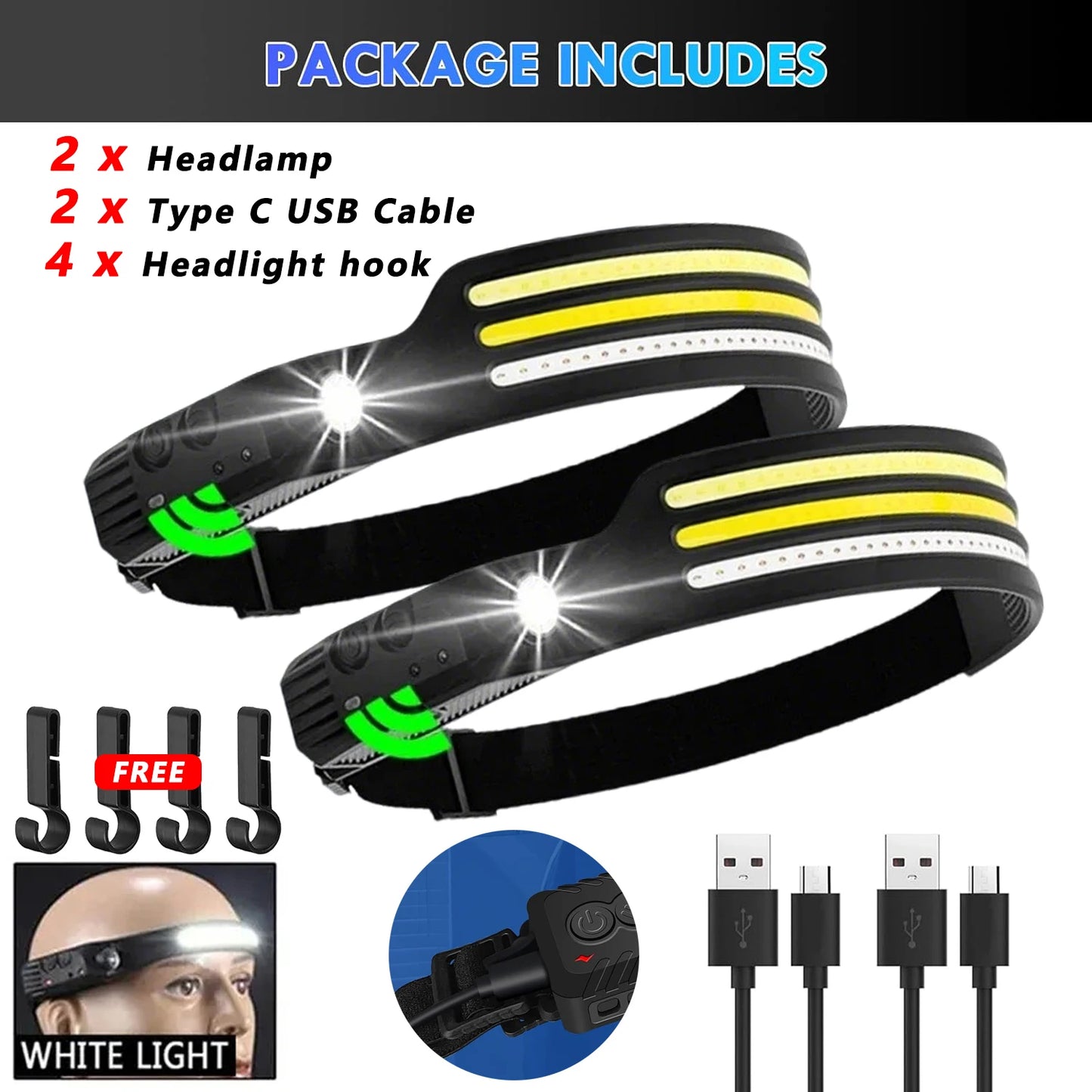 COB LED Sensor Head Lamp Induction Headlamp Built-in Battery Flashlight USB Rechargeable Head Torch 5 Lighting Modes Headlight