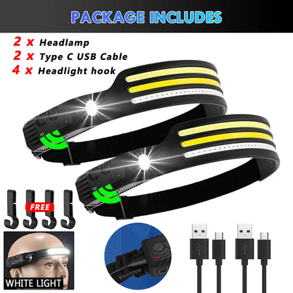 COB LED Sensor Head Lamp Induction Headlamp Built-in Battery Flashlight USB Rechargeable Head Torch 5 Lighting Modes Headlight