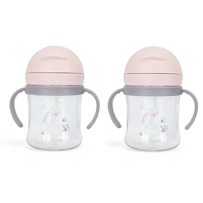 نصف كوب شرب وردي اللون للأطفال سعة 250 مل، مزود بماصة، يعمل بتقنية الجاذبية، ذو فتحة واسعة، مناسب لشرب الحليب والماء، مع مقبض. 