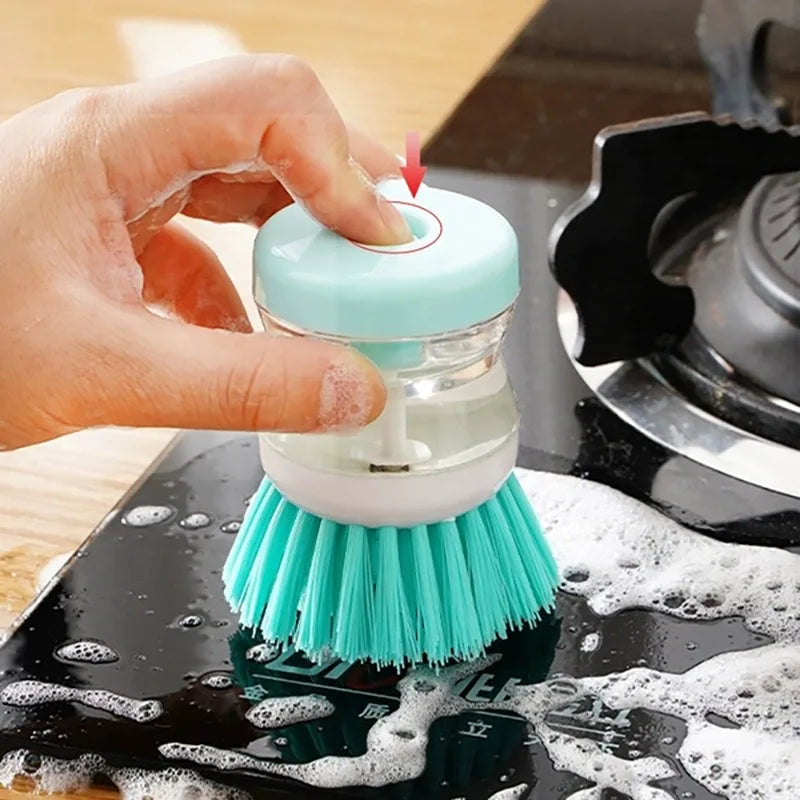 Dishwashing Brush with Soap Dispenser Non-Stick Grease Kitchen Push-On Cleaning Brush with Refillable Soap for Pots and Pans