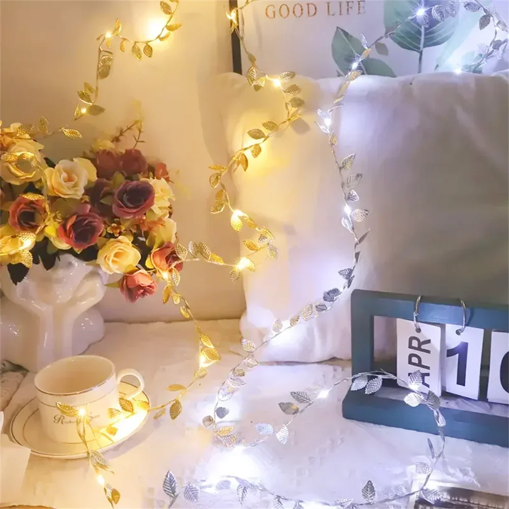20/50/100LEDs Golden Silver Tiny Leaves Fairy Light Battery Powerd Artificial Plant Garland Vine Lights for Wedding Home Party