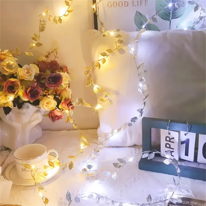 20/50/100LEDs Golden Silver Tiny Leaves Fairy Light Battery Powerd Artificial Plant Garland Vine Lights for Wedding Home Party