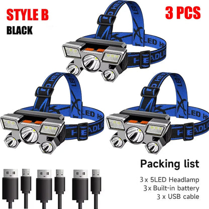 5 LED Rechargeable Headlamp with Built-in Lithium Battery – Waterproof Strong Headlight for Camping, Fishing & Cycling