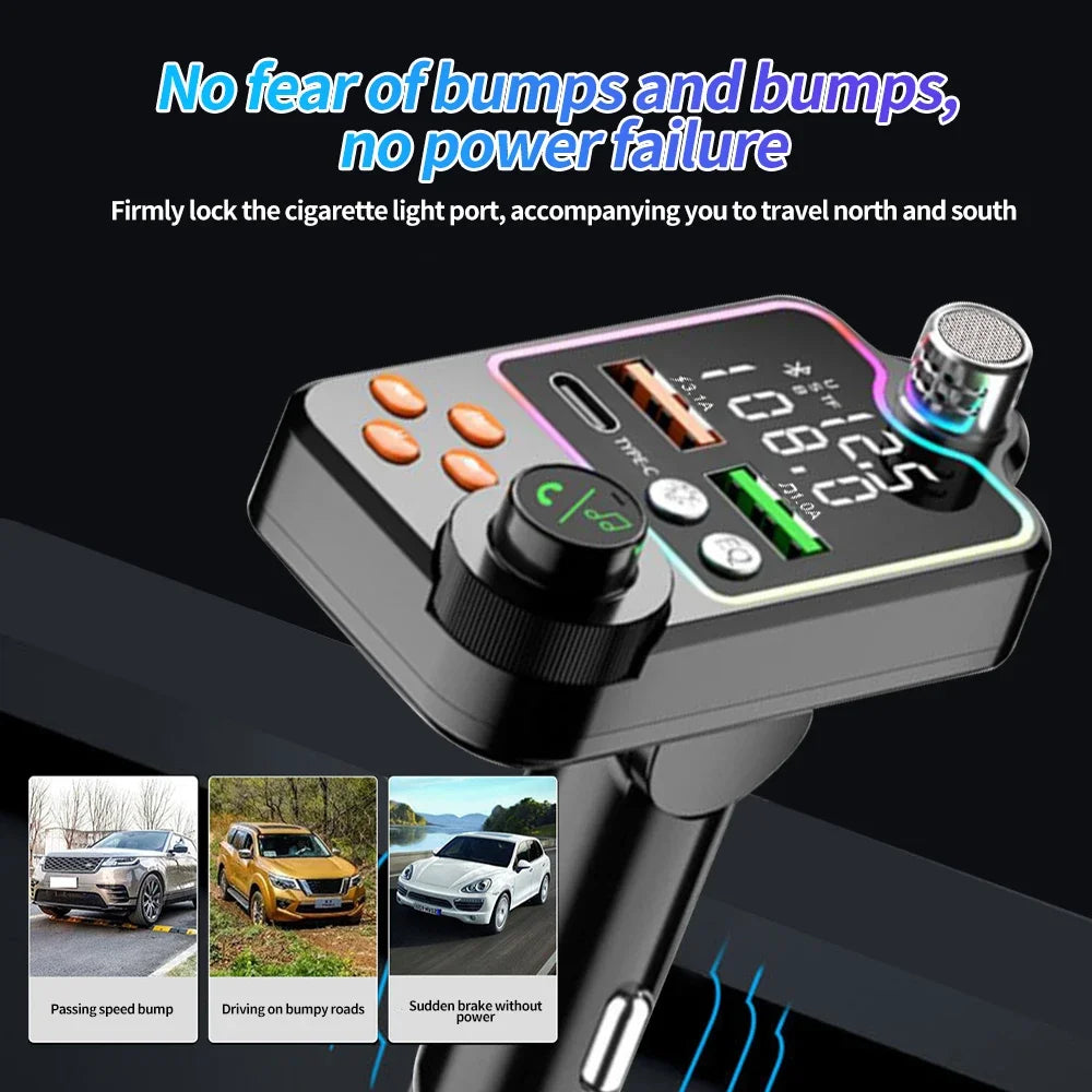 Bluetooth 5.0 Car Charger Dual USB Type C Quick Charge Hands-free Call Kit FM Transmitter MP3 Player Car Cigarette Lighter