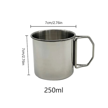 Stainless Steel Camping Cup – 250ml / 350ml / 500ml Portable Outdoor Mug with Carabiner & Foldable Handle