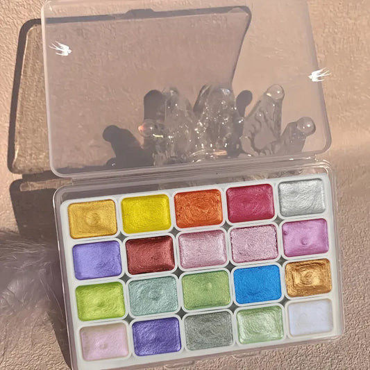 20 Colors Metal Watercolor Painting Set – Portable Box with Shiny Pearls & Art Supplies