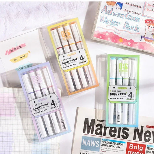 4 Colors Shining Highlighter Pens – Kawaii School Markers for Notes & Journals