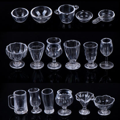 17Pcs/Set Mini Transparent Kitchenware Toy Drink Cups Dish Plate Tableware Miniatures DIY Pretend Play