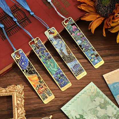 Vintage Oil Painting Metal Bookmarks – Hollow Hot Stamping Tassel Bookmarks for Book Lovers
