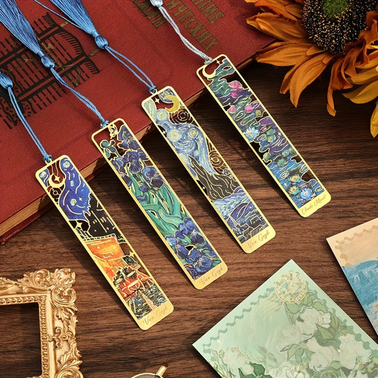 Vintage Oil Painting Metal Bookmarks – Hollow Hot Stamping Tassel Bookmarks for Book Lovers