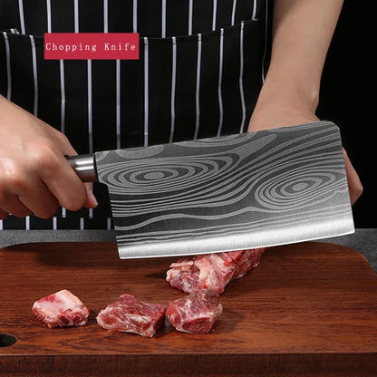 Laser Damascus Pattern Kitchen Knife & Scissors Set – Stainless Steel Utility Knives with Sharpening Rod for Precise Slicing