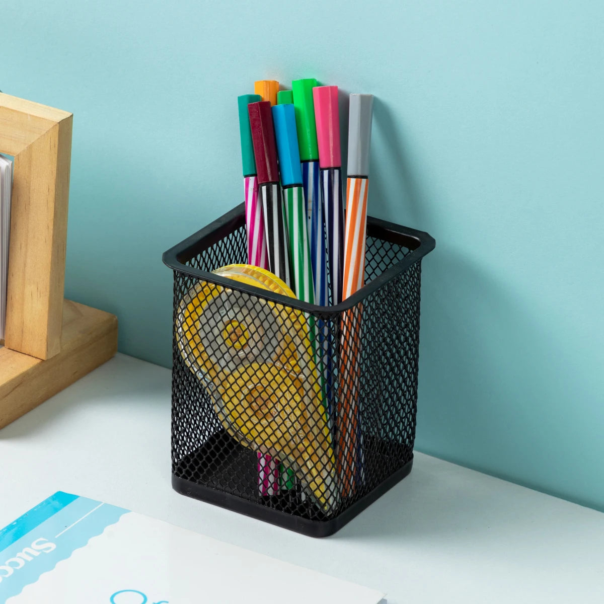 Metal Mesh Pencil Holder – Square/Round Desk Organizer for Office Supplies