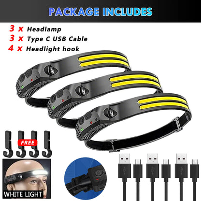 COB LED Sensor Head Lamp Induction Headlamp Built-in Battery Flashlight USB Rechargeable Head Torch 5 Lighting Modes Headlight