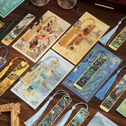 Vintage Oil Painting Metal Bookmarks – Hollow Hot Stamping Tassel Bookmarks for Book Lovers