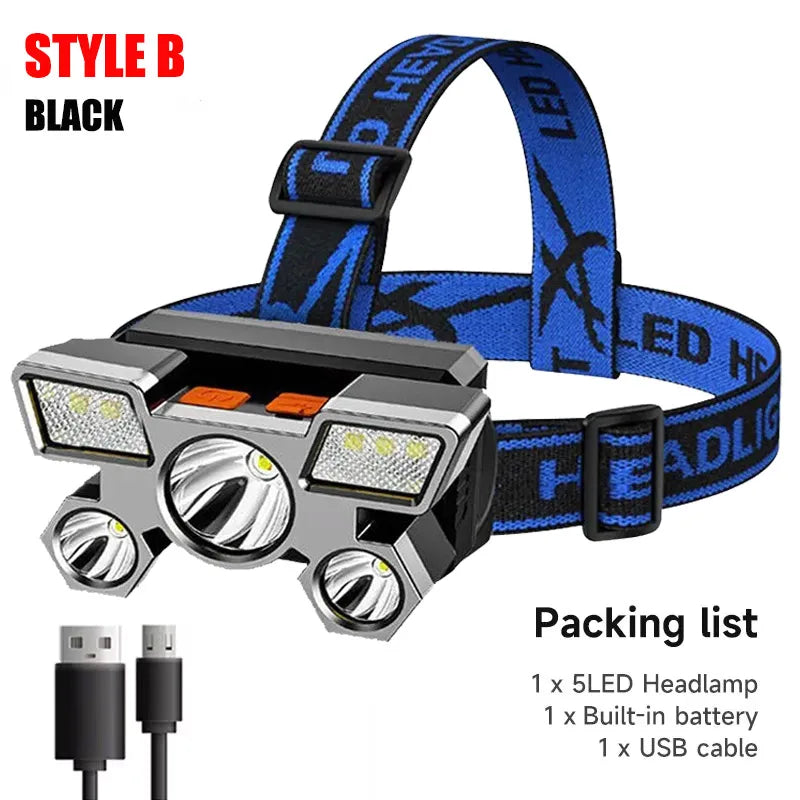 5 LED Rechargeable Headlamp with Built-in Lithium Battery – Waterproof Strong Headlight for Camping, Fishing & Cycling