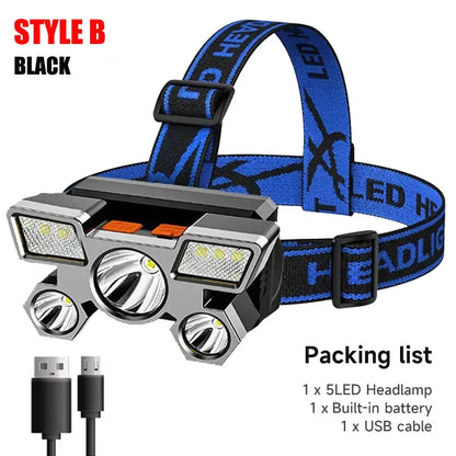 5 LED Rechargeable Headlamp with Built-in Lithium Battery – Waterproof Strong Headlight for Camping, Fishing & Cycling