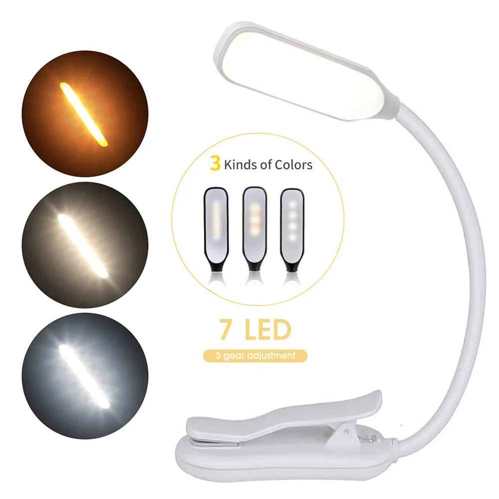 7 LED USB Rechargeable Book Light – Clip-On Reading Lamp with 3 Color Modes & 9 Brightness Levels for Bedside, Study & Travel