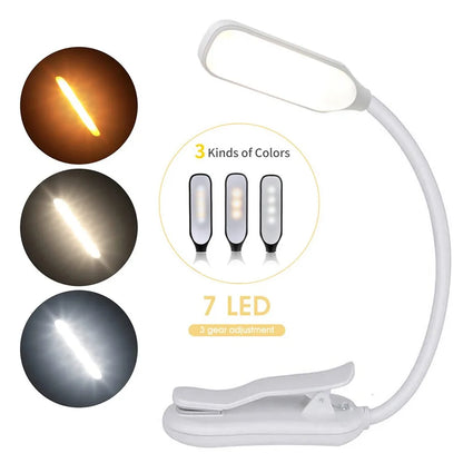 7 LED USB Rechargeable Book Light – Clip-On Reading Lamp with 3 Color Modes & 9 Brightness Levels for Bedside, Study & Travel
