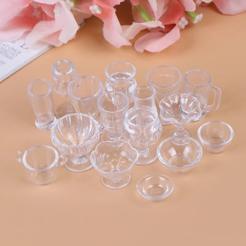 17Pcs/Set Mini Transparent Kitchenware Toy Drink Cups Dish Plate Tableware Miniatures DIY Pretend Play