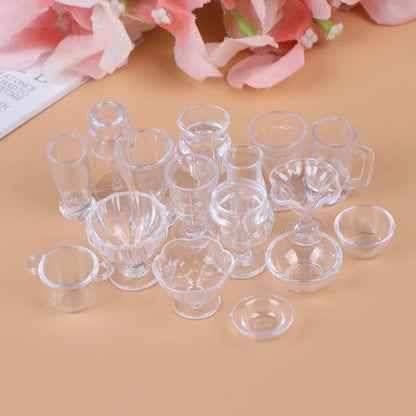 17Pcs/Set Mini Transparent Kitchenware Toy Drink Cups Dish Plate Tableware Miniatures DIY Pretend Play