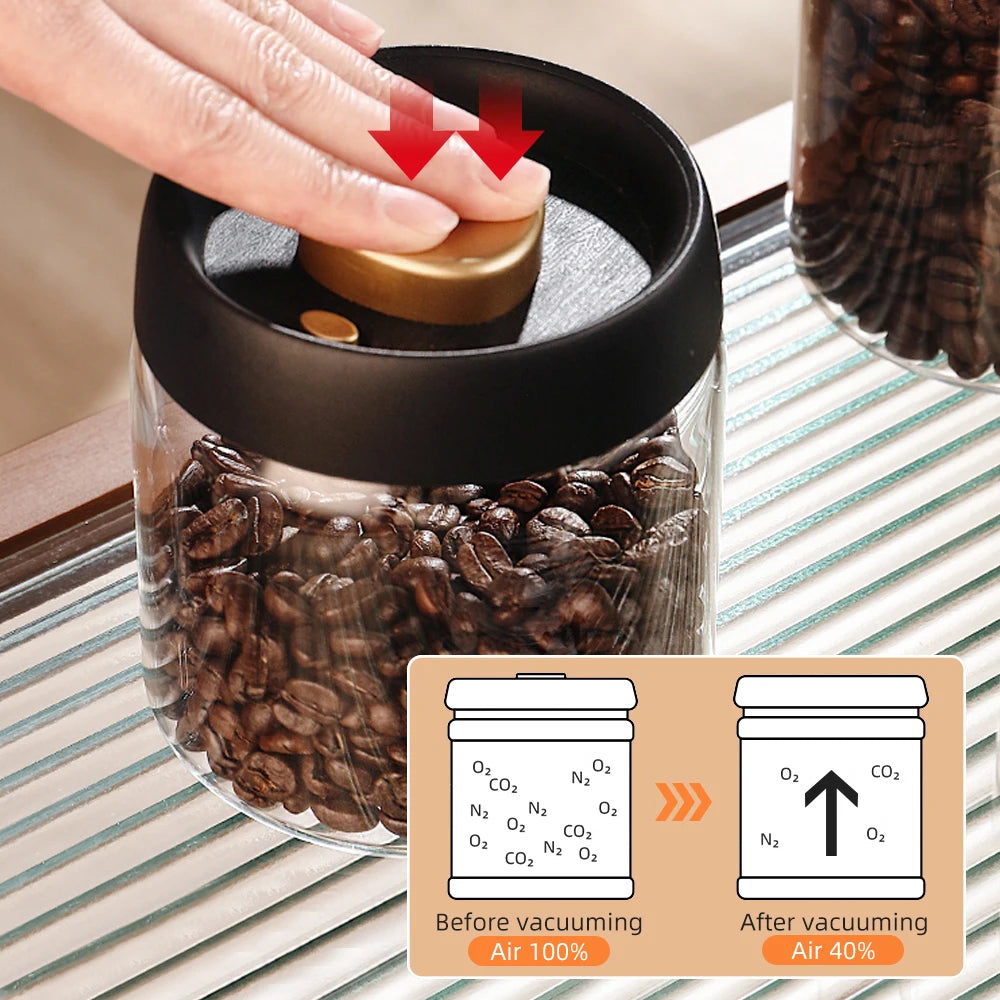 Vacuum Sealed Glass Jar – Coffee Bean & Food Storage Bottle with Silicone Seal for Freshness