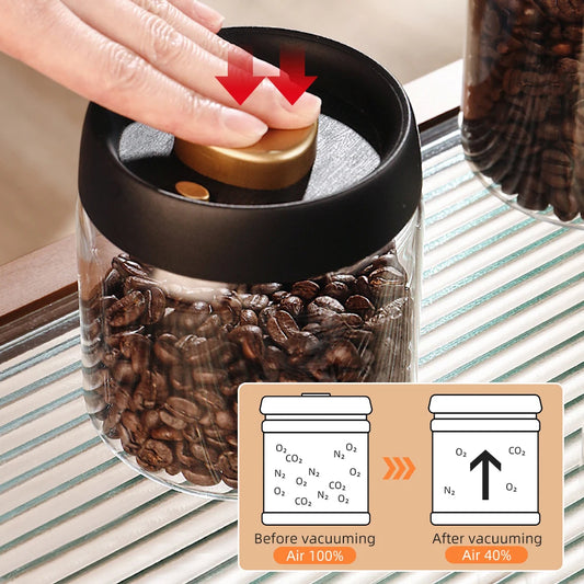 Vacuum Sealed Glass Jar – Coffee Bean & Food Storage Bottle with Silicone Seal for Freshness