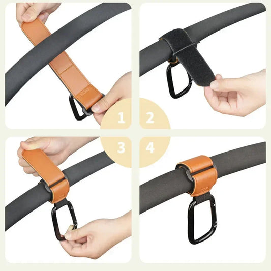 Stroller Organizer Hooks – 360° Rotatable PU Leather Pram Hanger Clips (1/2pcs)