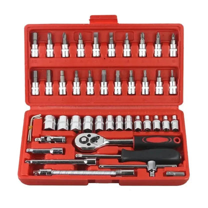46PCS Car Repair Tool Kit – 1/4-Inch Socket & Ratchet Set for Auto Maintenance & Torque Wrench Jobs