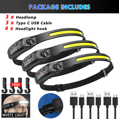 COB LED Sensor Head Lamp Induction Headlamp Built-in Battery Flashlight USB Rechargeable Head Torch 5 Lighting Modes Headlight