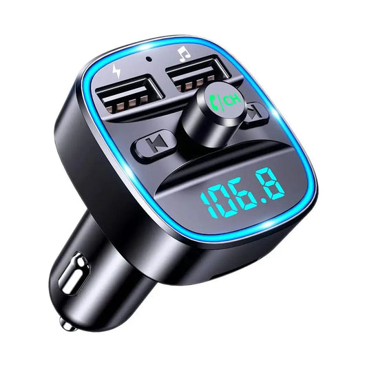 Car Adapter Bluetooth 5.0 Dual USB Port Charging Hands-free Calling Blue LED Light Fast Charging FM Transmitter Car Accessories