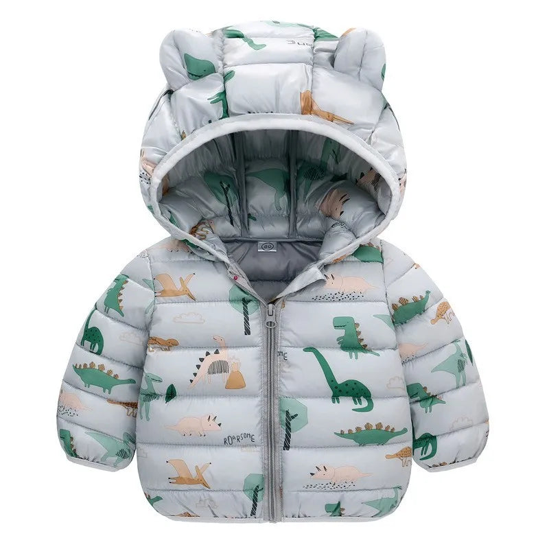 Children’s Lightweight Down Jacket with Hood – Boys Girls Autumn Dinosaur Print Coat