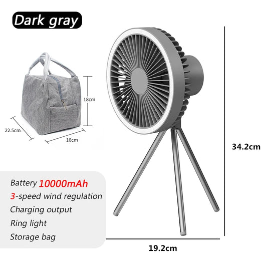 10000mAh Rechargeable Camping Fan – Ceiling & Desk Fan with LED Light and Power Bank Function