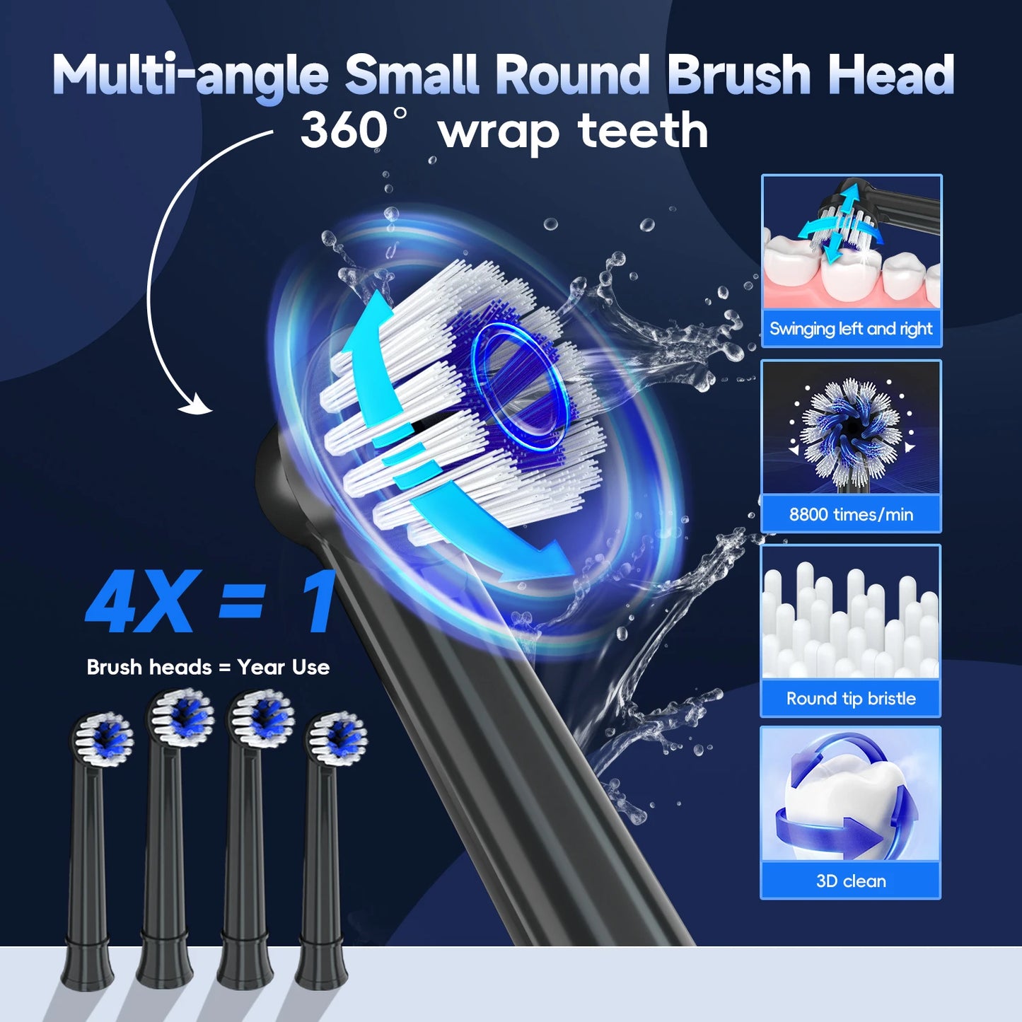 فرشاة أسنان كهربائية قابلة لإعادة الشحن – فرشاة أسنان سونيك T37 للبالغين مع 4 رؤوس فرشاة و3 أوضاع تنظيف