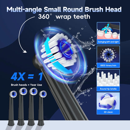 فرشاة أسنان كهربائية قابلة لإعادة الشحن – فرشاة أسنان سونيك T37 للبالغين مع 4 رؤوس فرشاة و3 أوضاع تنظيف