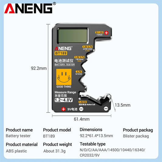 ANENG BT189 Universal Battery Tester – Indicator for AA, AAA, C, D, N, 9V & Button Cell Types