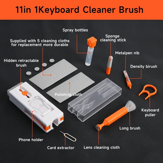 11-in-1 Computer Cleaning Kit – Multi-Functional Bluetooth Earphone Cleaner with Keycap Puller, Camera Brush, SIM Card Ejector & Phone Holder