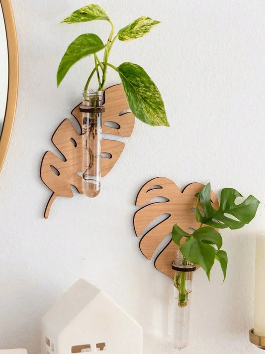 1/2 Pcs Leaf Shape Wall Planters Wooden Wall Hanging Plant Pots with Test Tube Vase Indoor Propagation Station Home Garden Decor