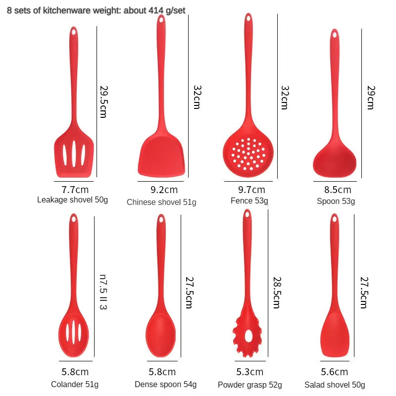 8ps Household black Silicone kitchenware 8-piece set of Chinese spaghetti spoon salad spaghetti spaghetti spaghetti，Rice spoon，